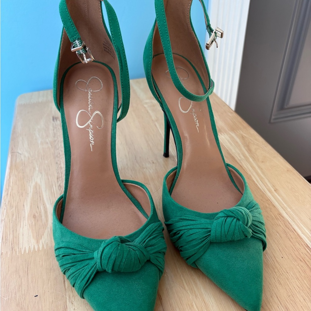 Jessica Simpson Emerald Green Suede Knot Pointed-Toe Slingback Heels